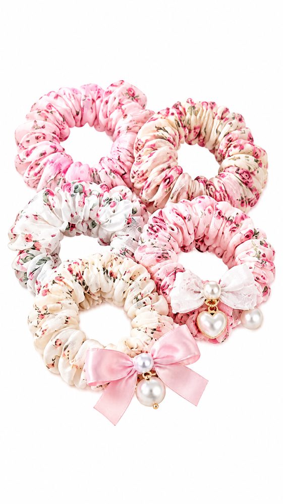 QVZJX Pink Floral Bow Scrunchie Set — photo 2