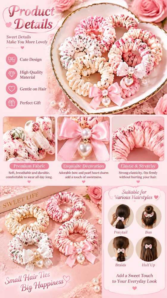 QVZJX Pink Floral Bow Scrunchie Set — photo 3