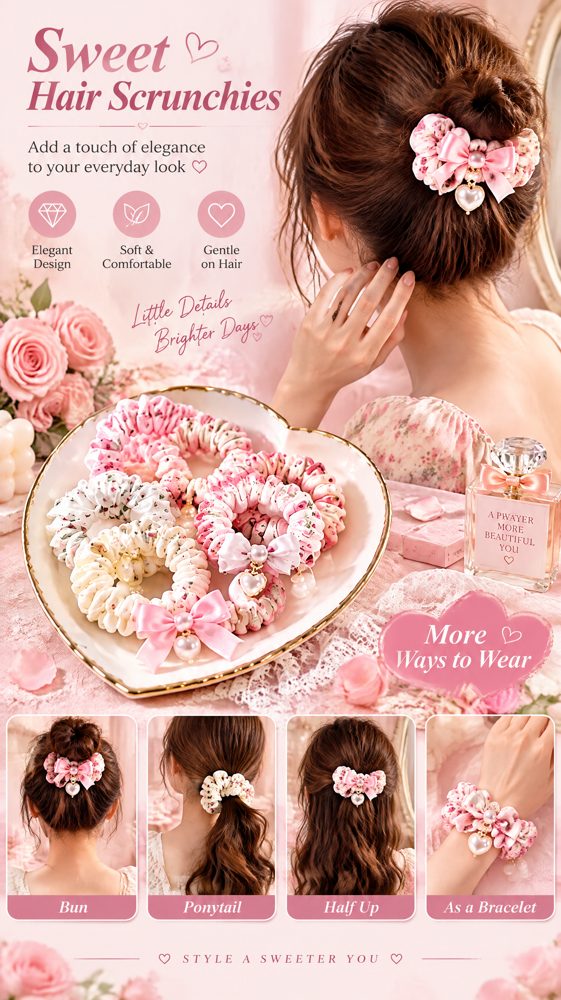 QVZJX Pink Floral Bow Scrunchie Set — photo 4