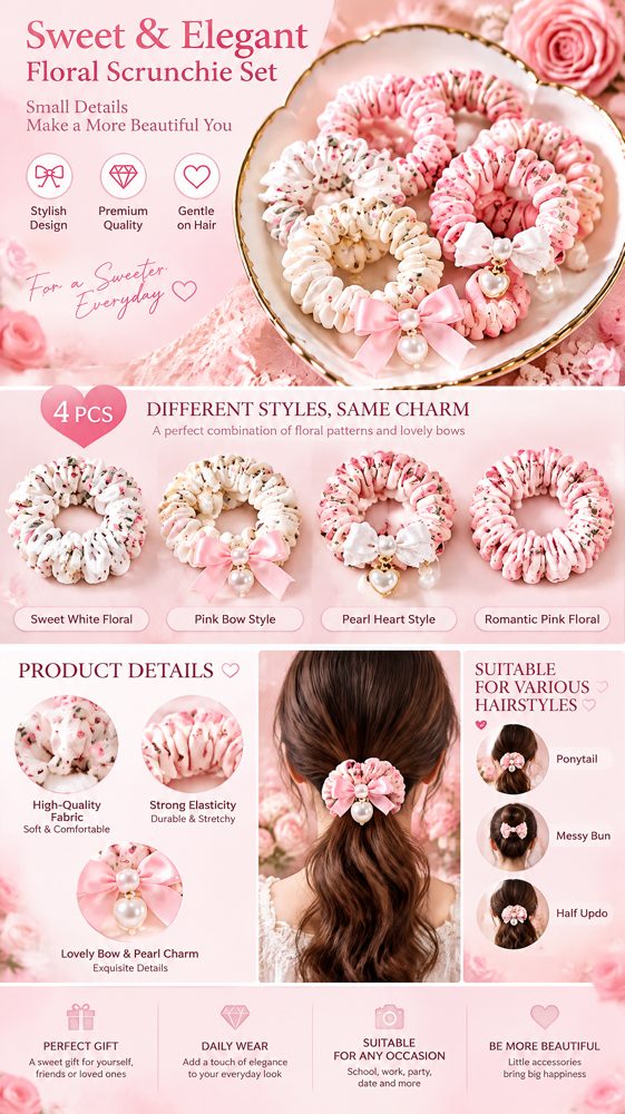 QVZJX Pink Floral Bow Scrunchie Set — photo 5