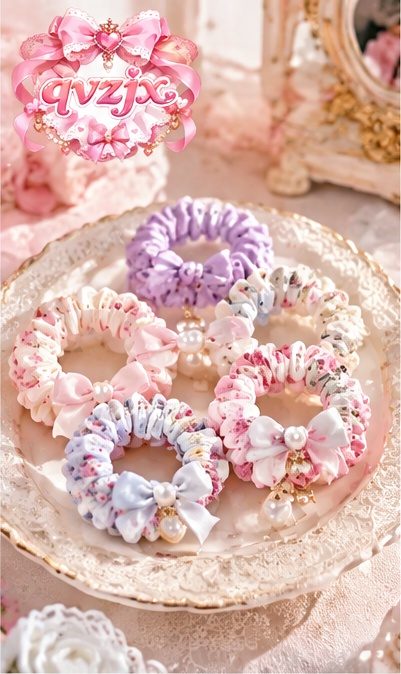 QVZJX Pastel Bow Charm Scrunchie Set — photo 1