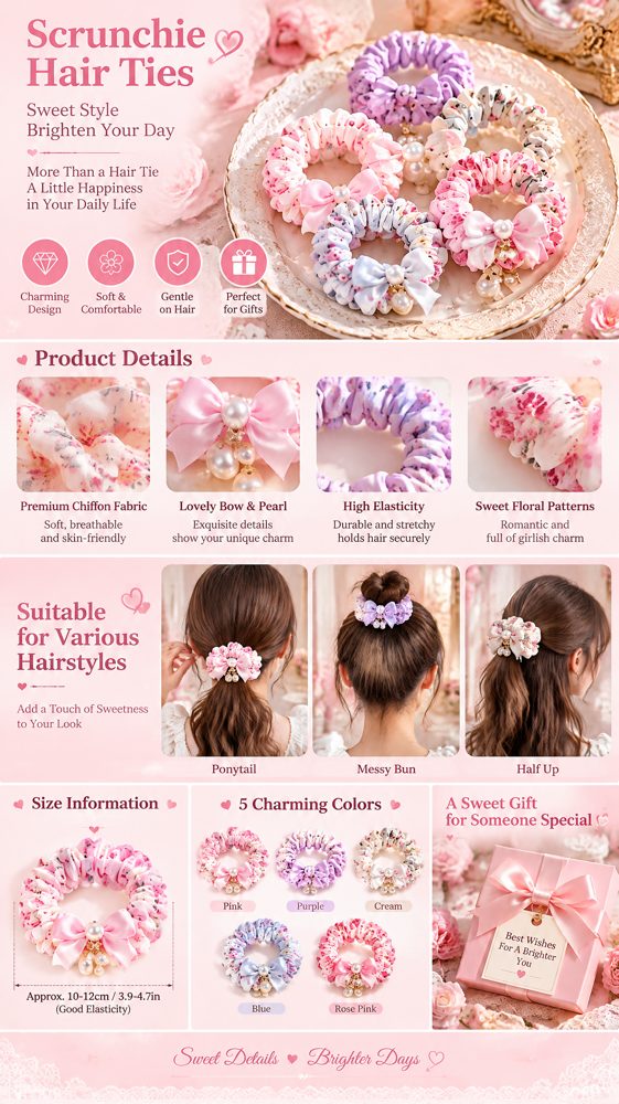QVZJX Pastel Bow Charm Scrunchie Set — photo 2