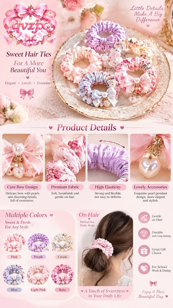 QVZJX Pastel Bow Charm Scrunchie Set — photo 3