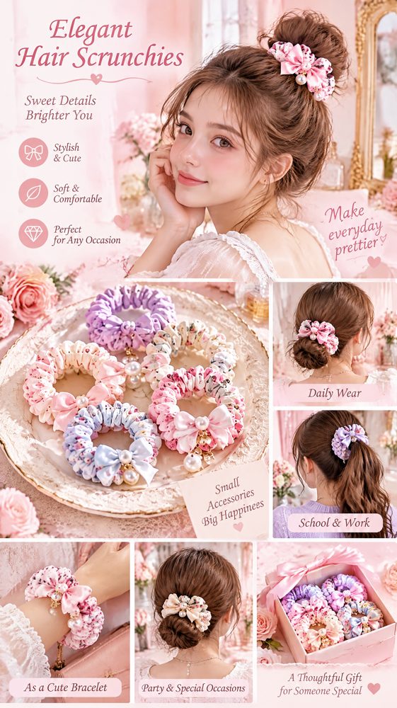 QVZJX Pastel Bow Charm Scrunchie Set — photo 4