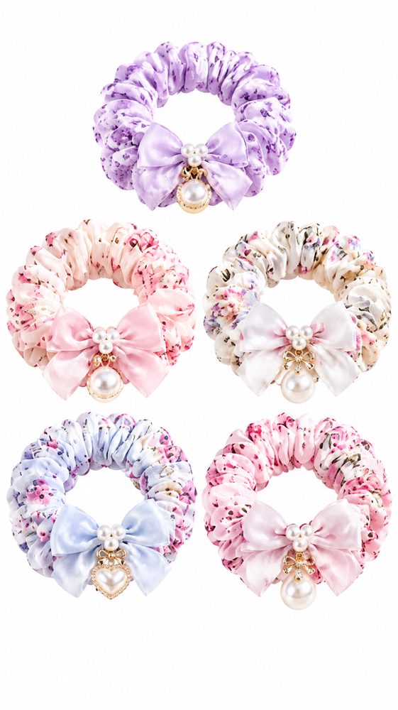 QVZJX Pastel Bow Charm Scrunchie Set — photo 5