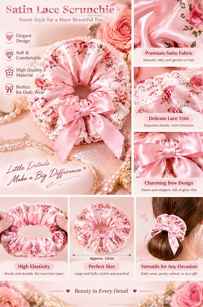 QVZJX Blush Pink Satin-Look Bow Scrunchie — photo 3