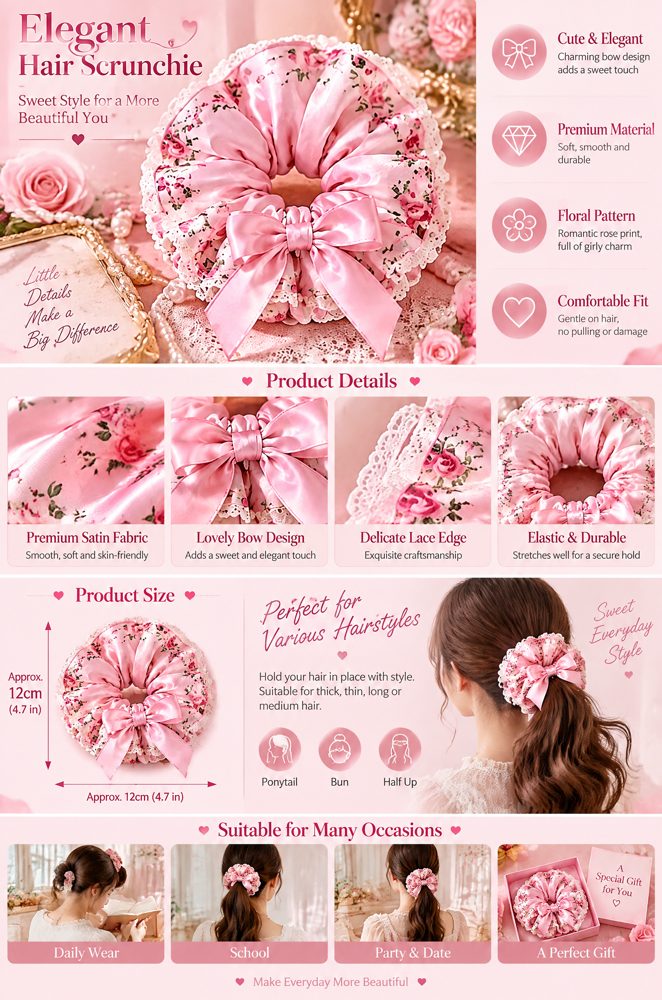 QVZJX Blush Pink Satin-Look Bow Scrunchie — photo 4