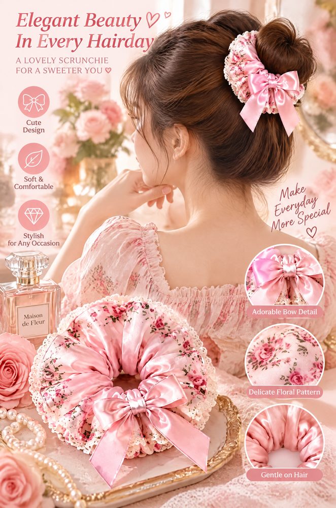 QVZJX Blush Pink Satin-Look Bow Scrunchie — photo 5