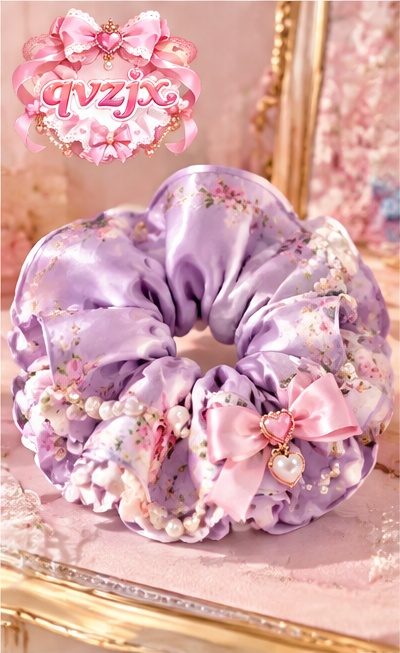 QVZJX Lavender Floral Pearl Bow Scrunchie