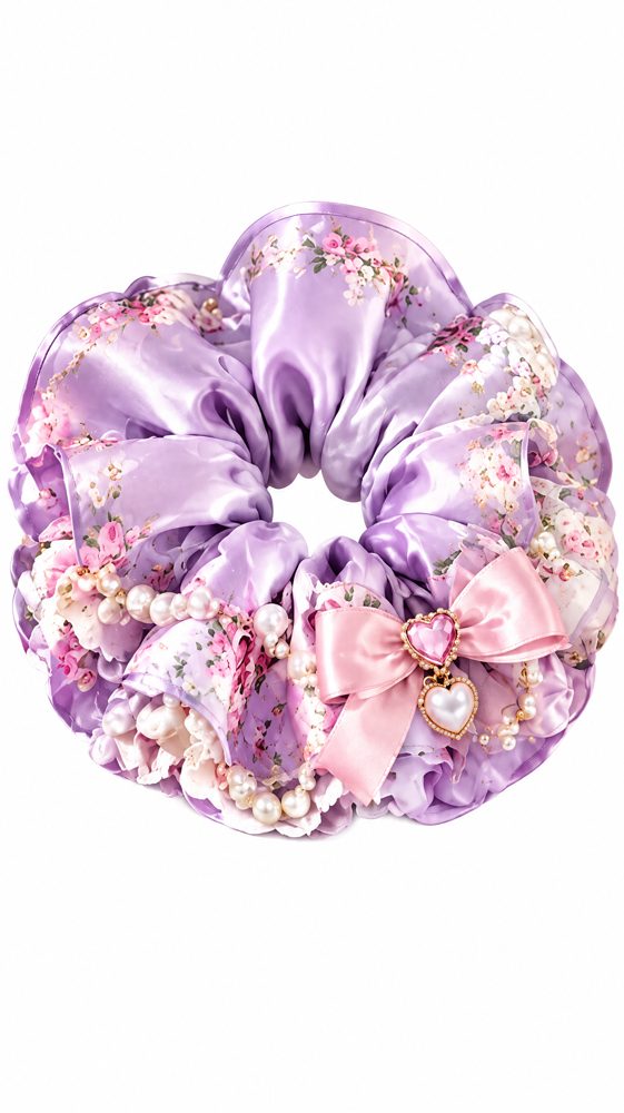 QVZJX Lavender Floral Pearl Bow Scrunchie — photo 3