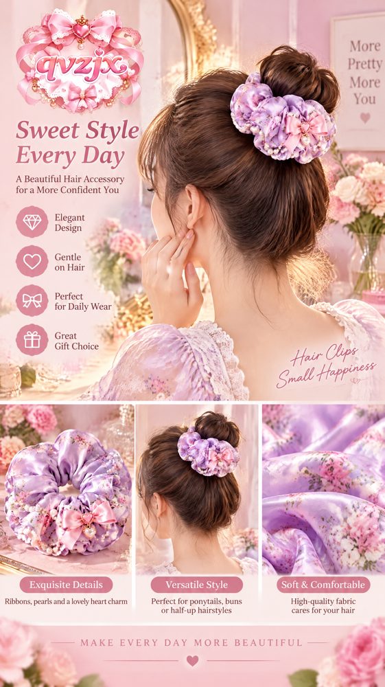QVZJX Lavender Floral Pearl Bow Scrunchie — photo 4