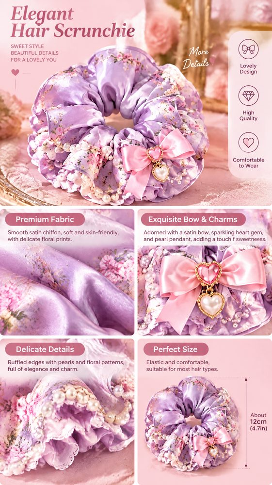 QVZJX Lavender Floral Pearl Bow Scrunchie — photo 5