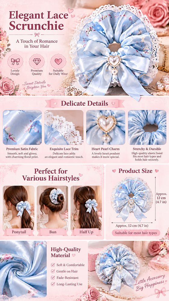 QVZJX Baby Blue Lace Bow Scrunchie — photo 3