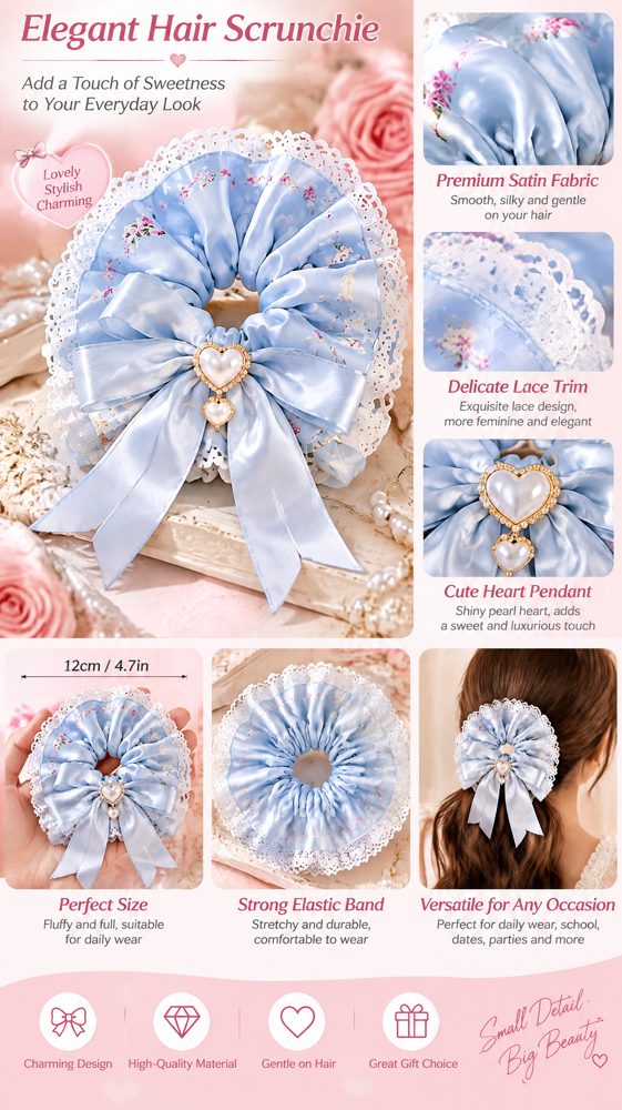 QVZJX Baby Blue Lace Bow Scrunchie — photo 4