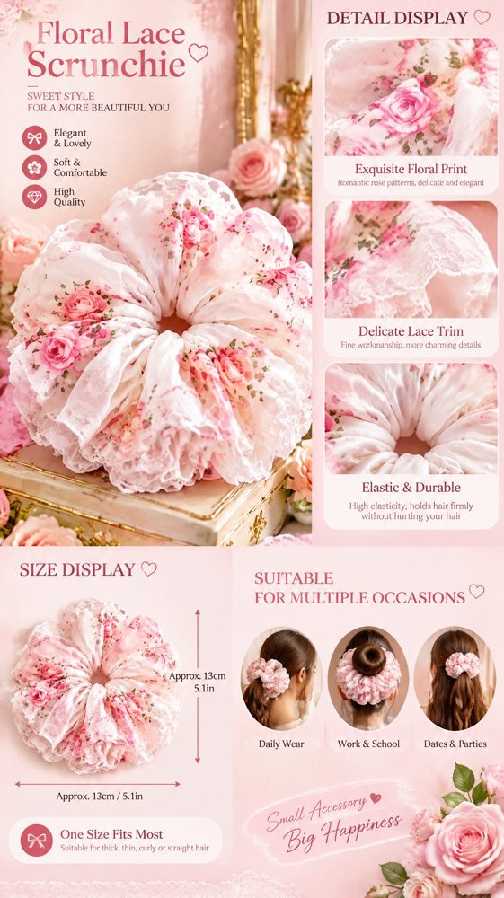 QVZJX Ivory Rose Lace Statement Scrunchie — photo 4