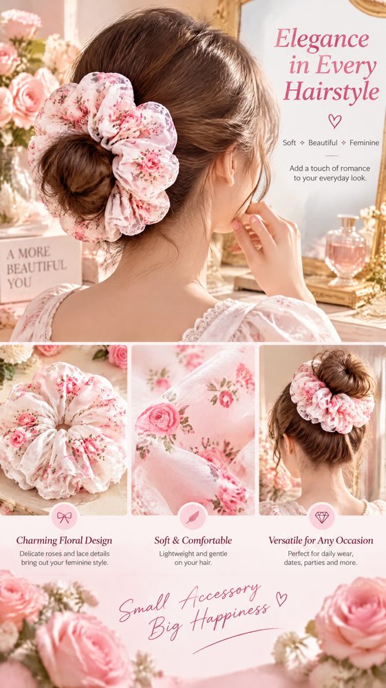 QVZJX Ivory Rose Lace Statement Scrunchie — photo 5