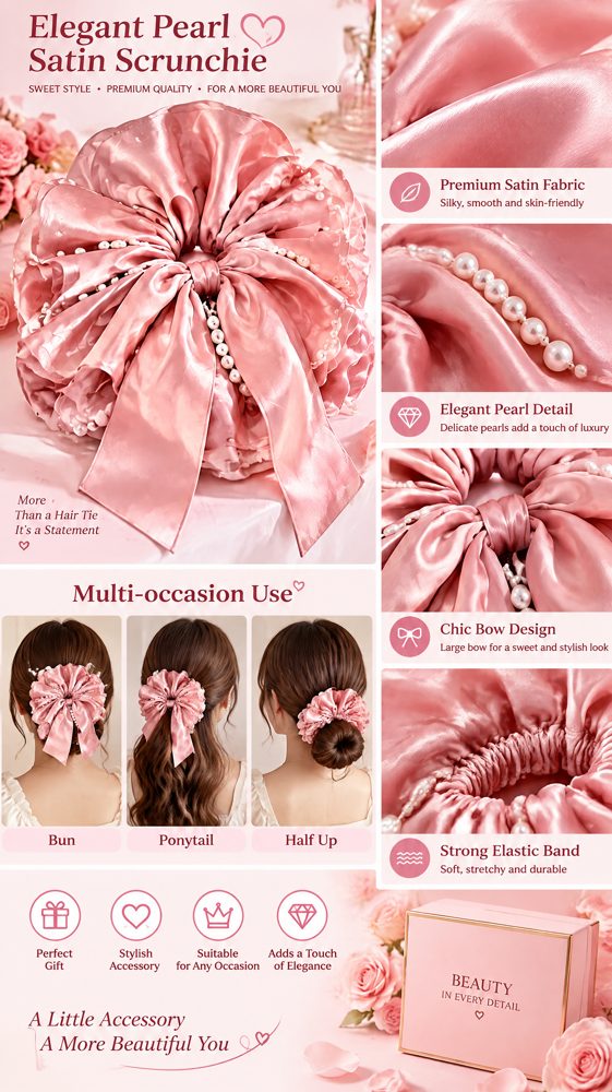 QVZJX Dusty Rose Pearl Ribbon Scrunchie — photo 2