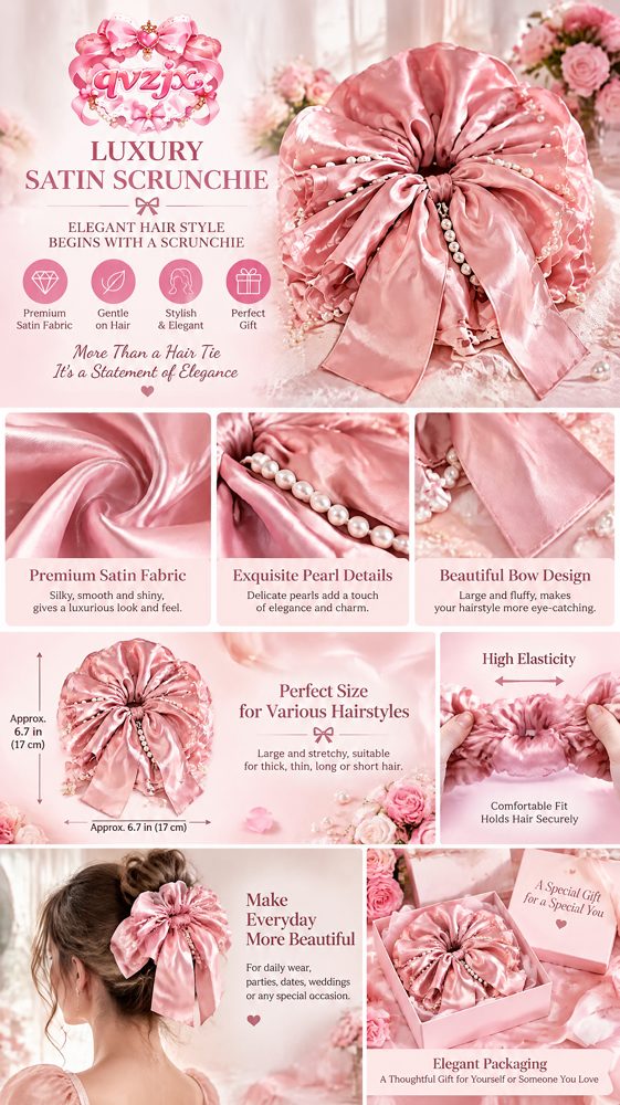 QVZJX Dusty Rose Pearl Ribbon Scrunchie — photo 3