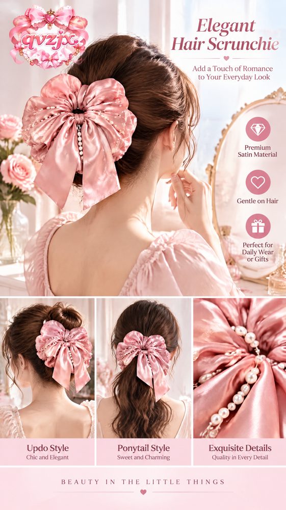 QVZJX Dusty Rose Pearl Ribbon Scrunchie — photo 5