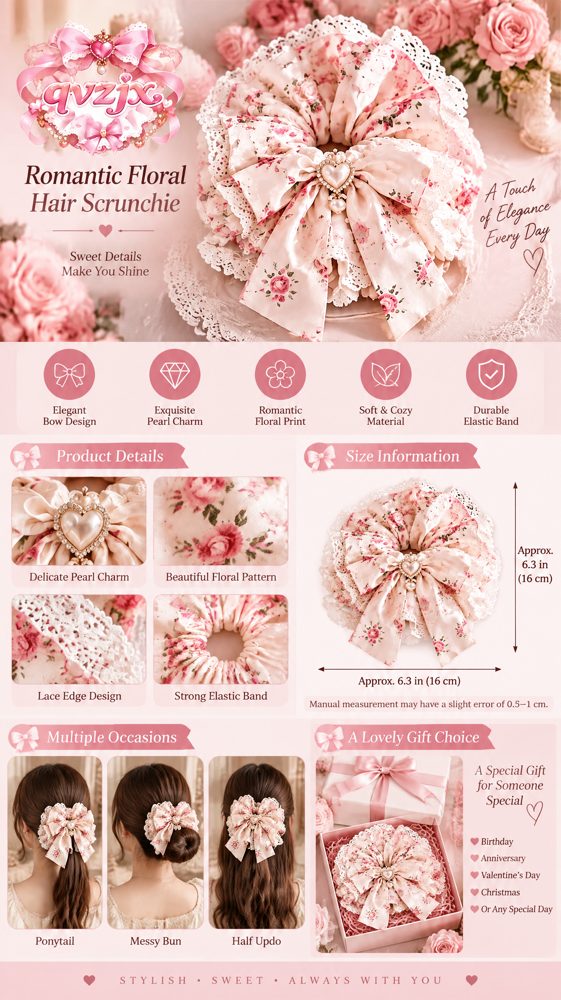 QVZJX Cream Rose Pearl Heart Scrunchie — photo 3