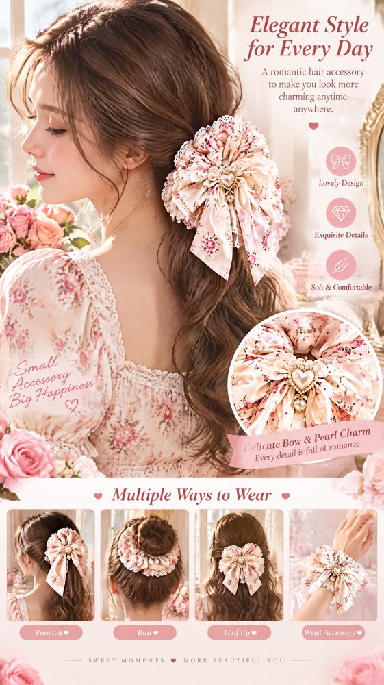 QVZJX Cream Rose Pearl Heart Scrunchie — photo 4