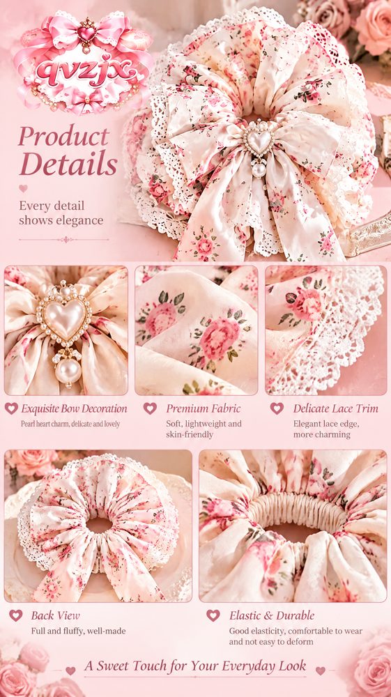 QVZJX Cream Rose Pearl Heart Scrunchie — photo 5