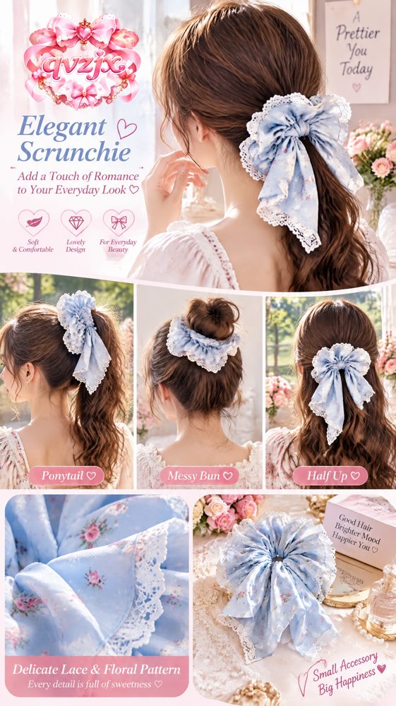 QVZJX Powder Blue Floral Lace Scrunchie — photo 2