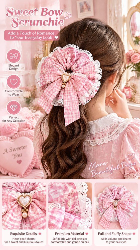 QVZJX Pink Gingham Pearl Heart Scrunchie — photo 2