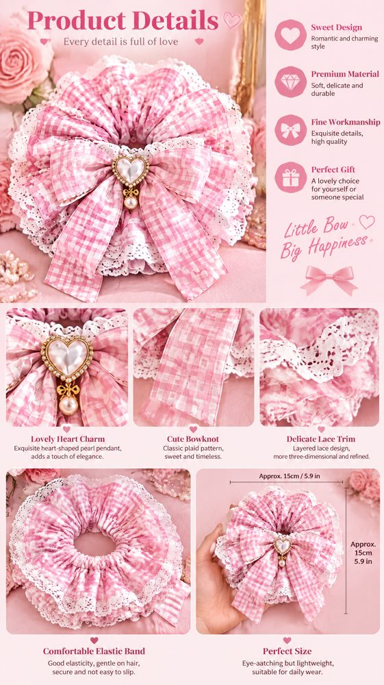 QVZJX Pink Gingham Pearl Heart Scrunchie — photo 3