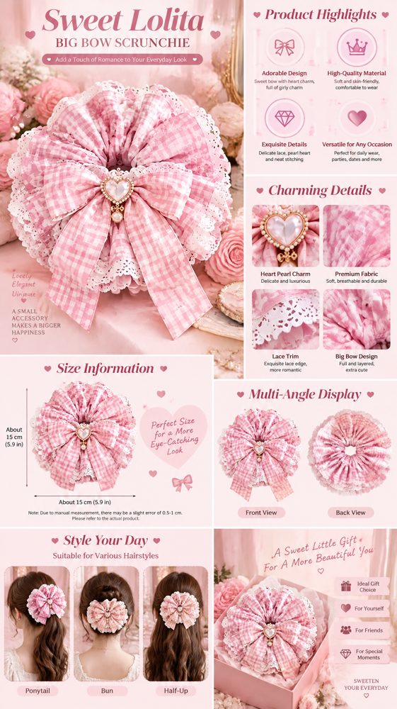 QVZJX Pink Gingham Pearl Heart Scrunchie — photo 4