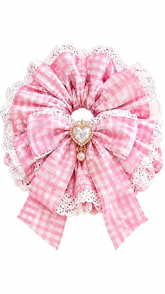 QVZJX Pink Gingham Pearl Heart Scrunchie — photo 5